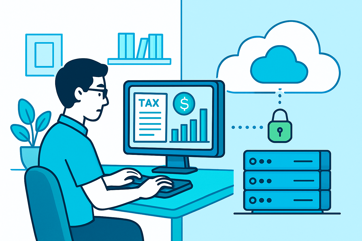 Accountant accessing cloud-hosted desktop remotely with secure connection to firm's applications