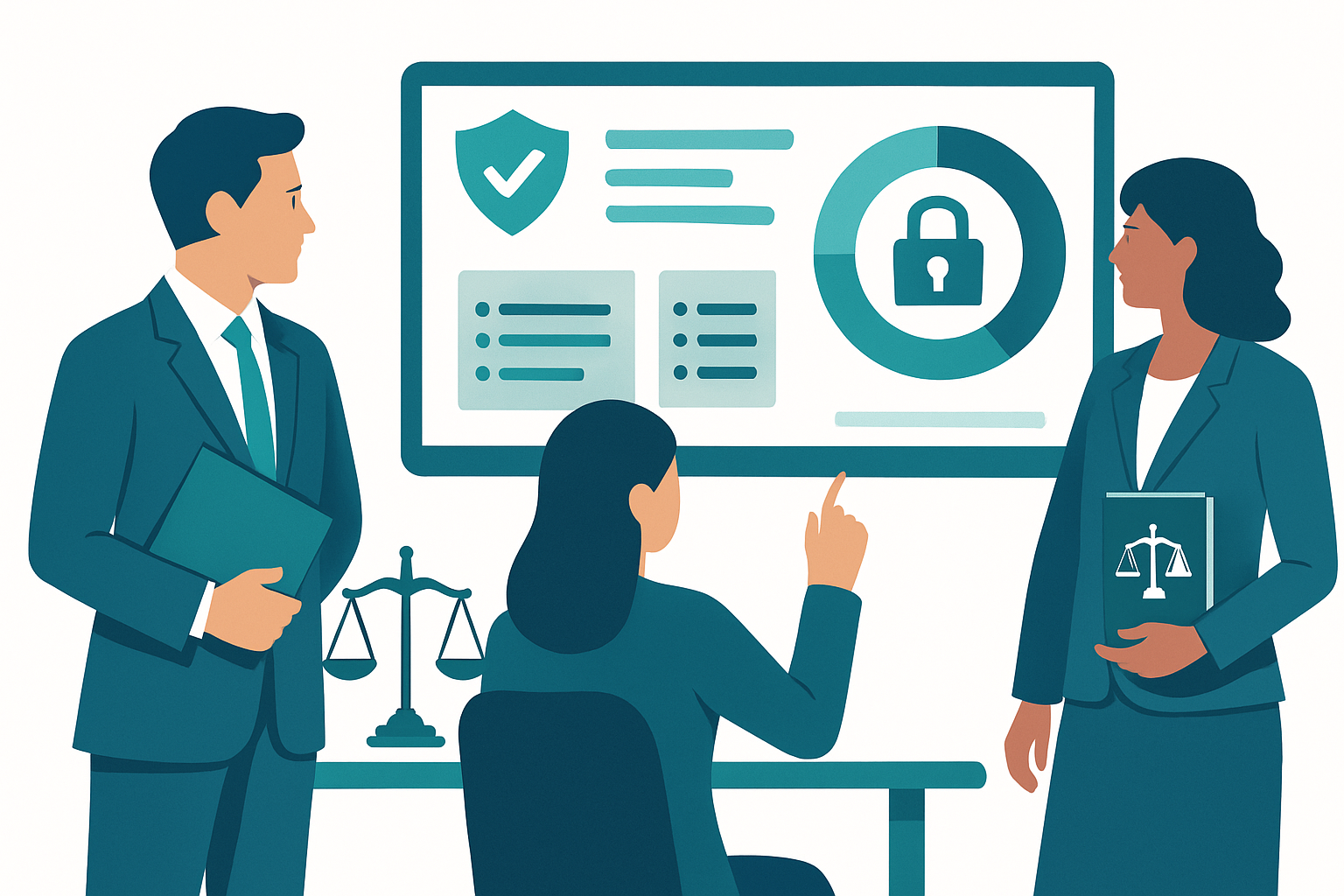 Law firm team reviewing a cybersecurity monitoring dashboard