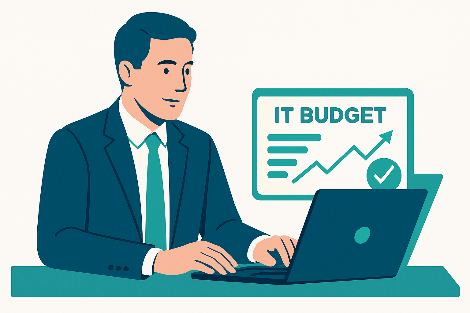 Law firm partner reviewing IT budget on laptop with positive results