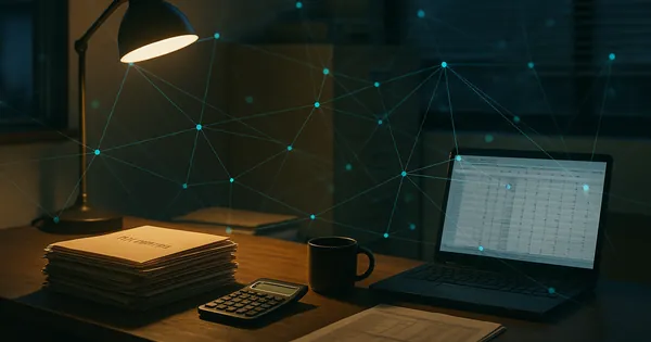 Small accounting office desk at dusk with tax folders, a calculator, and a laptop, overlaid with network lines