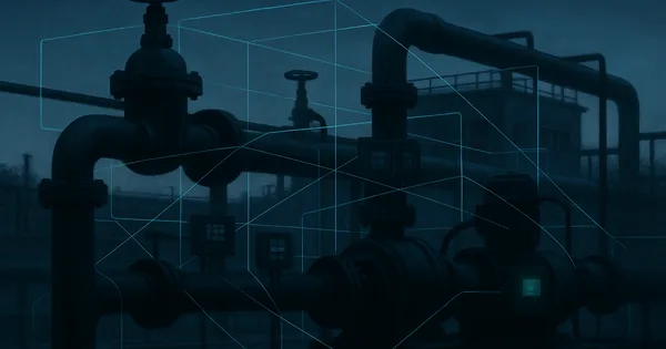 Water treatment plant pipes and valves overlaid with network lines, illustrating internet-exposed industrial controllers