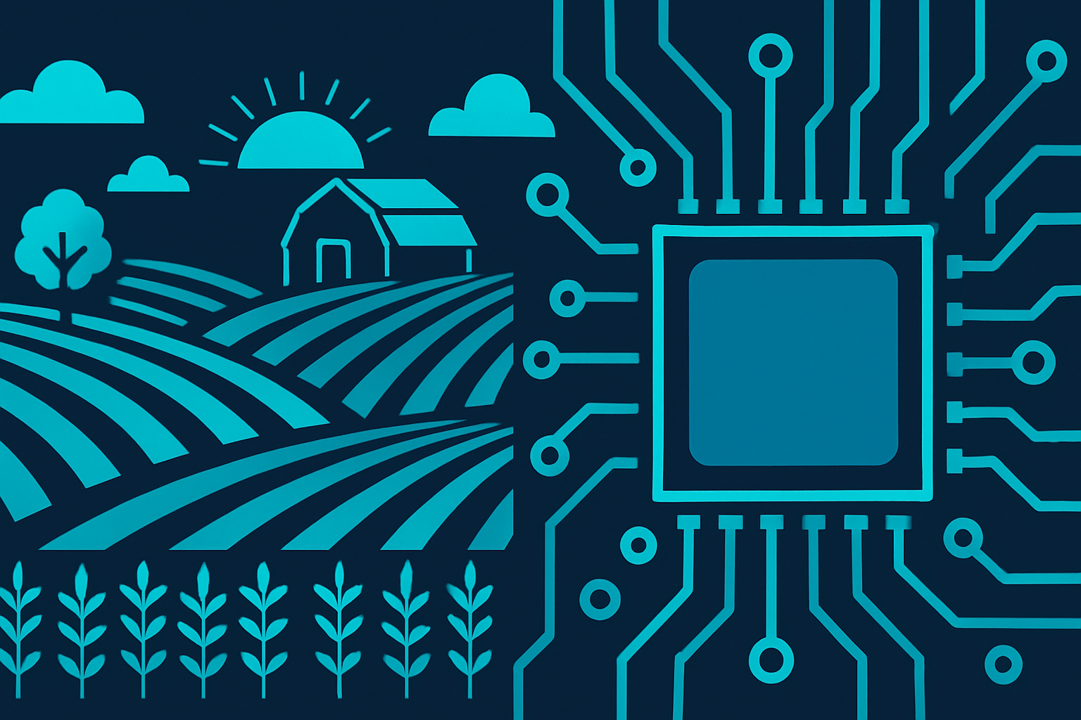 Shifting dreams illustration: stylized farmland on the left meets a circuit board on the right over a dark navy field