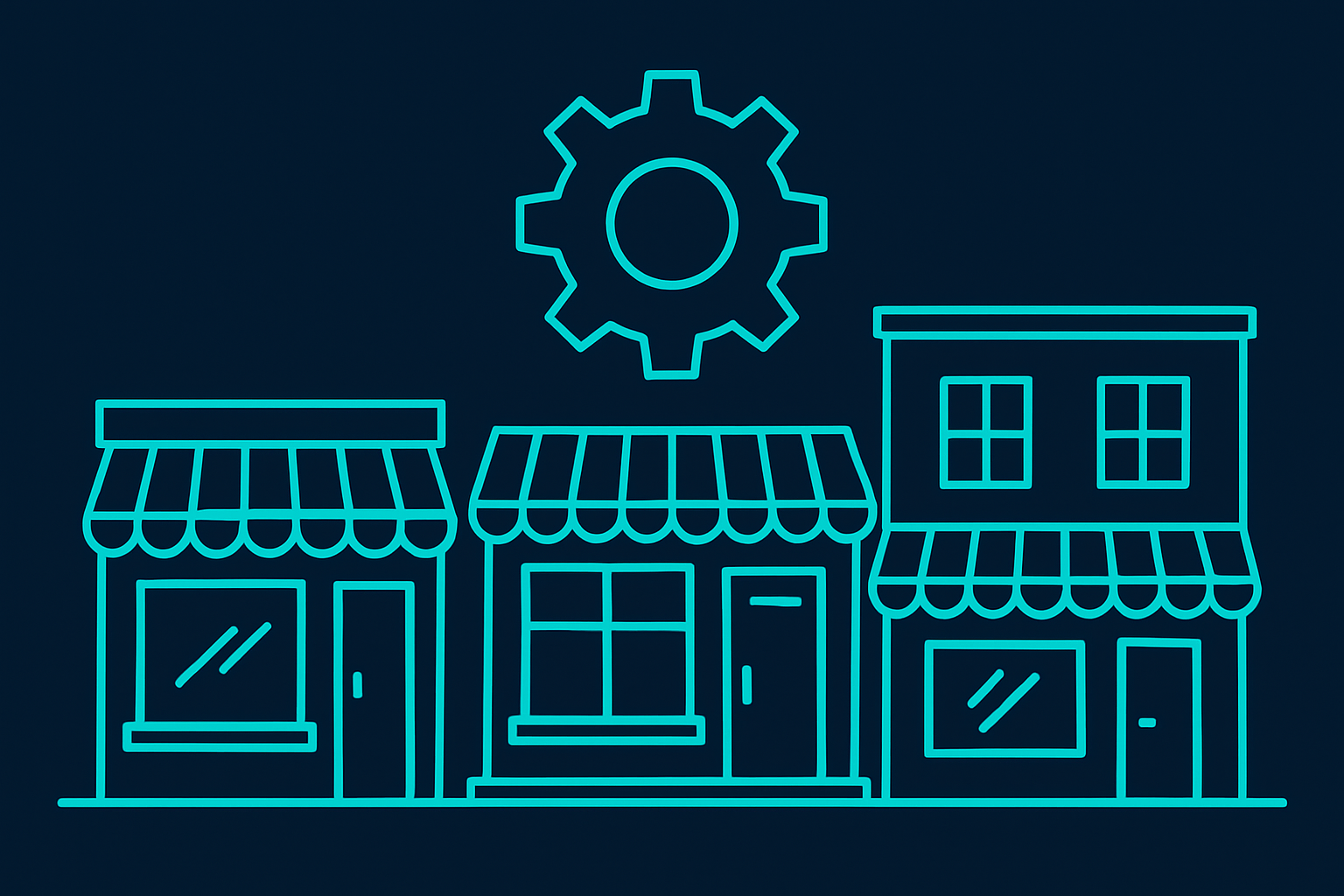 Lessons learned illustration: stylized storefronts under a turning gear on a dark navy field