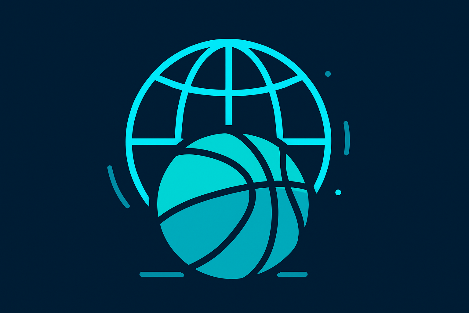 Global basketball journey illustration: a stylized basketball in front of a globe on a dark navy field