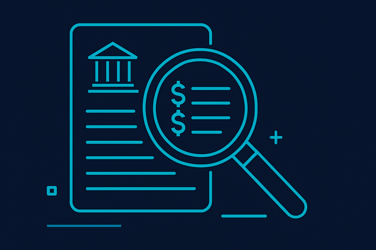 Forensic accounting illustration: stylized magnifying glass over a bank ledger on a dark navy field