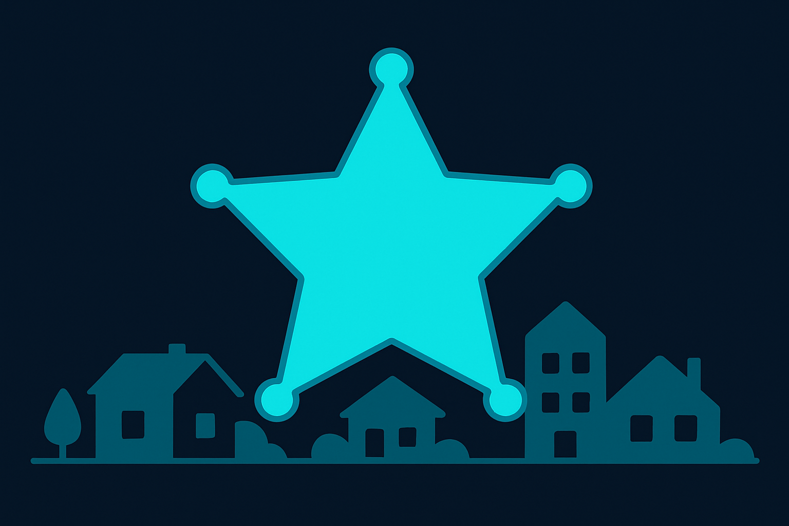 Community policing illustration with sheriff's badge and neighborhood skyline on dark navy background