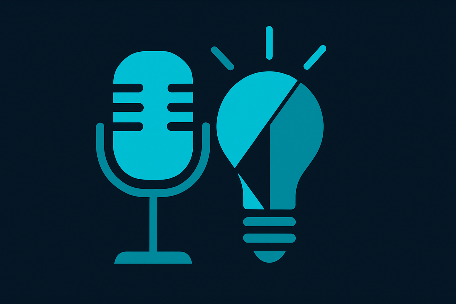 Creativity and keynote speaking illustrated with a microphone and a geometric lightbulb on a dark navy background
