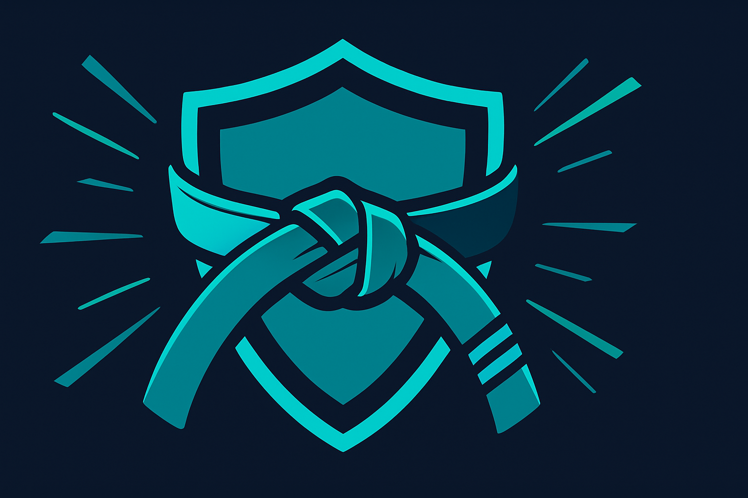 Multiple lifetimes illustration: stylized jiu jitsu belt knotted around a shield on a dark navy field