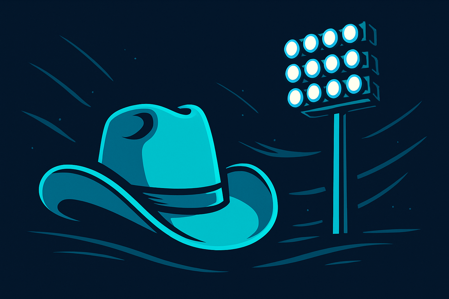 Stark transitions illustration: a stylized cowboy hat beside a stadium spotlight on a dark navy field