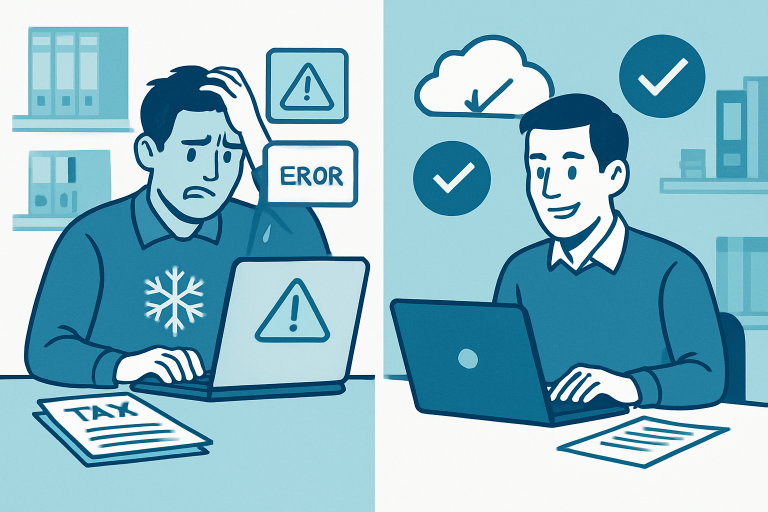 Contrast between IT frustration during tax season and smooth operations with proper IT support