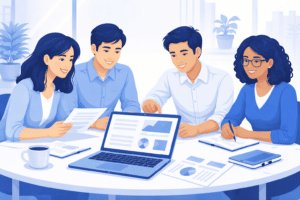 small business team reviewing IT policies and procedures during employee training