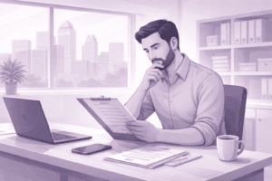 business owner reviewing IT service contract at office desk